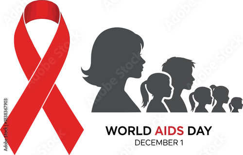Red ribbon awareness world aids day family support community health education prevention global vector
