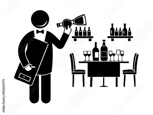 Sommelier man inspecting wine glass and bottle in restaurant .Vector illustration of a waiter inspecting a glass of wine with a wine bottle .vector icon