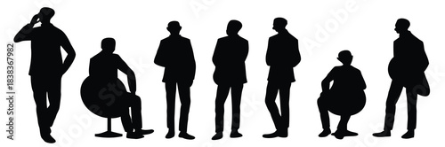 silhouettes of men in formal business suits standing CAD illustration in editable vector lines