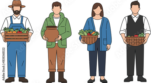 Group of diverse farmers and agricultural workers holding fresh harvested vegetables and produce, representing organic food and local farming economy.