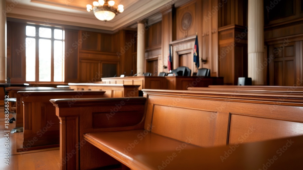 Naklejka premium Empty courtroom interior with wooden benches and judicial setting