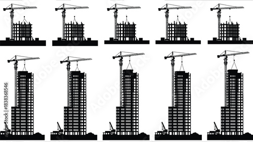 Construction building progress with tower crane lifting materials, high rise development stages, city skyline architecture, construction site industry silhouette illustration