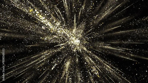 Festive Gold Sparkle Burst for New Year & Christmas Celebration. luxurious gold glitter explosion on black background, creating a festive celebration mood, parties, greetings, and elegant holiday.