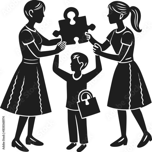Two women and child bonding over puzzle piece, family togetherness.