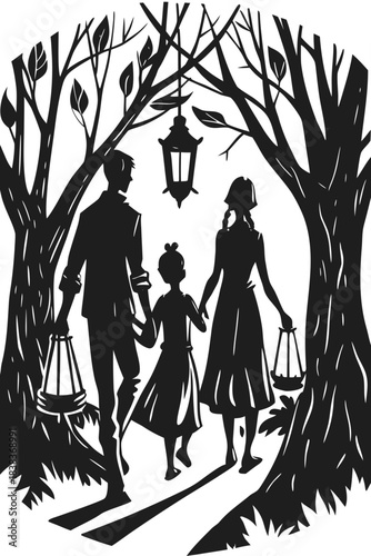 Family walking with lanterns through forest silhouette vector