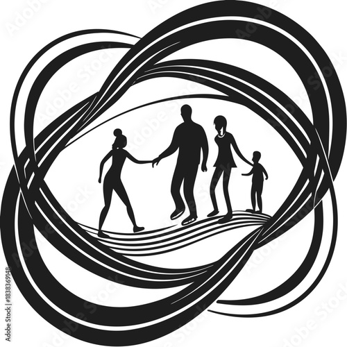 Family silhouette walking with abstract interconnected lines design