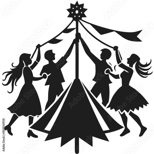 Traditional maypole folk dance celebration with festive people