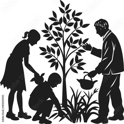 Family planting a tree together for environmental preservation