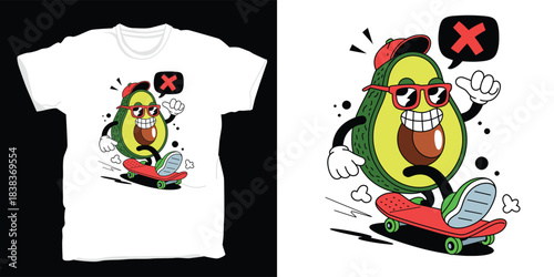 Cool avocado character riding skateboard tshirt design