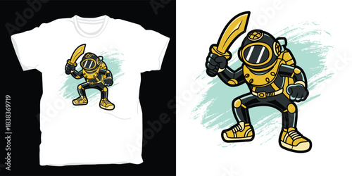 Cartoon diver in vintage suit holding a sword ready for adventure graphic design t-Shirt Print 