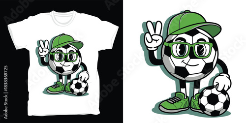 Cute soccer ball character wearing glasses and a hat holding a ball graphic design t-Shirt Print 