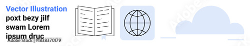 Education, global communication, knowledge sharing, information access, cloud data, remote learning. Open book, globe and cloud. Education and global communication concept