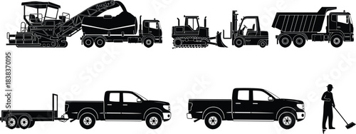 Construction vehicles and worker silhouettes with heavy machinery equipment, industrial trucks, forklift, bulldozer, pickup truck, transportation and road work illustration