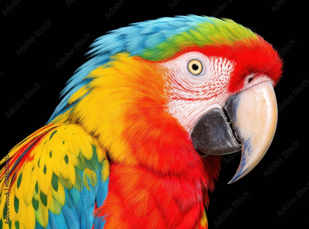 Fototapeta premium Colorful Parrot Portrait with Vivid Feathers on Black Background