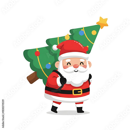 Cute Santa Carrying Christmas Tree – Flat Children’s Style Vector