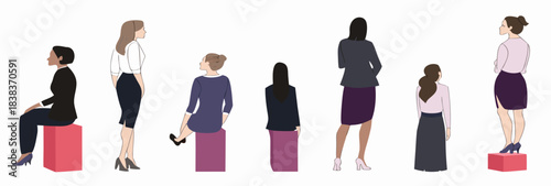 set of women in back illustration in color blocks of architectural designs editable vector