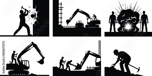 Construction workers and heavy machinery performing demolition, excavation, digging, and blasting on industrial building site silhouettes with safety equipment, teamwork, and tools