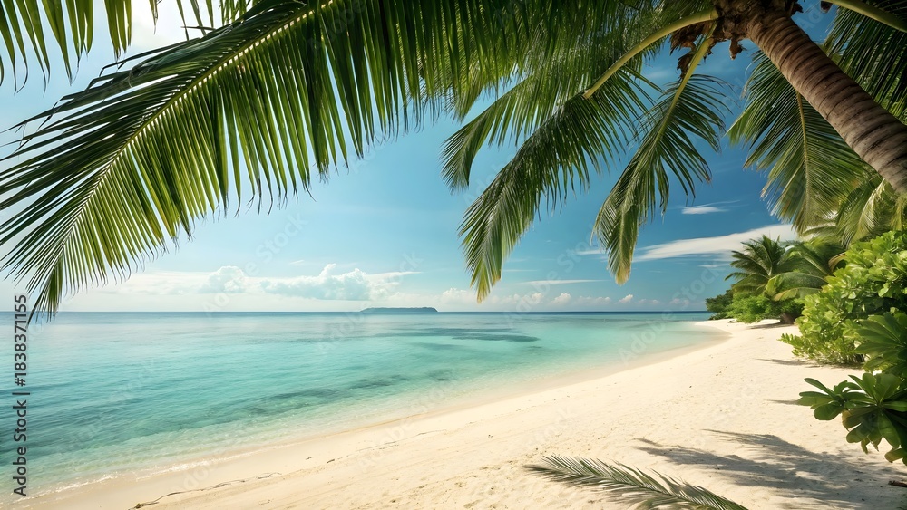 Fototapeta premium Idyllic tropical beach scene with palm trees and turquoise ocean