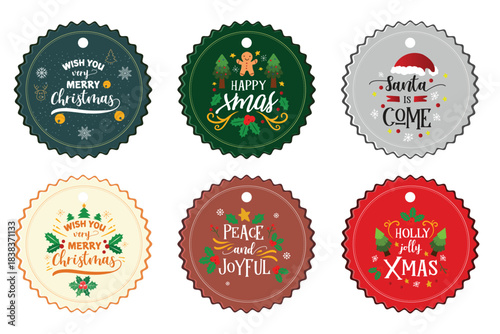  Download with free trial Merry Christmas gift tags holiday design labels, cards, sticker. Cute elements set for winter. Vector collection hand drawn illustration xmas tree, wreath, present, santa and