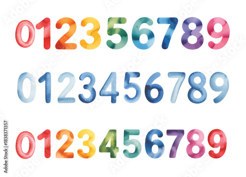 Colorful kids number collection painted in gentle watercolor for birthday art. Dreamy watercolor numbers for little learners