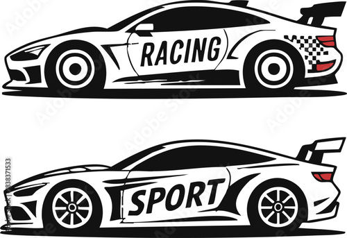  race car vector, checkered flag designs, racing stripe speed, decal patterns, dynamic lines, competition, automotive graphics, black and white finish line motorsport.