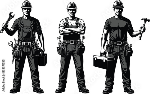 Construction workers silhouettes holding tools, professional technicians in uniform, handyman repair service team illustration for industry labor maintenance concept design