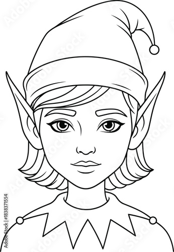 Charming christmas elf character with pointy ears and hat in black and white lineart