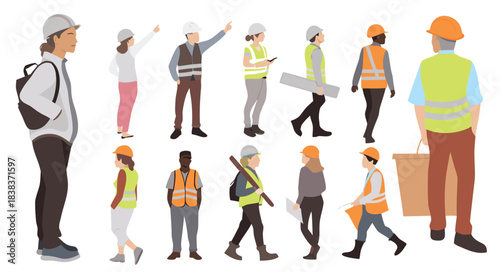 Construction people collection in editable vector cores architect engineer work builders