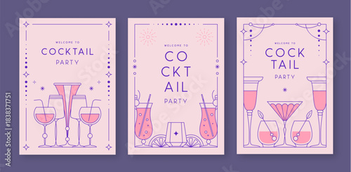 Set of line art retro cocktail party posters with cocktail and champagne glasses. Holiday frames. Vector illustration