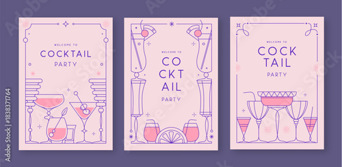 Set of line art retro cocktail party posters with cocktail and champagne glasses. Holiday frames. Vector illustration