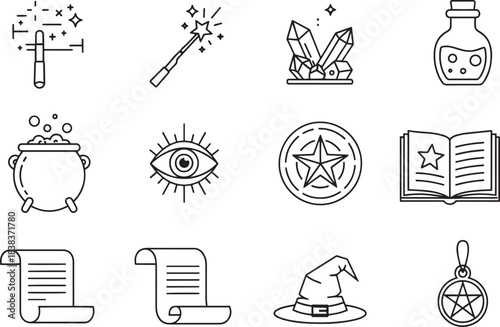 Magic outline icons collection. Witchcraft wizardry potion spellbook and mysterious elements