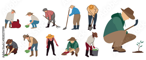 working on the farm, men and women farmers in activity. set of people in drawing for architecture and landscaping. cad material