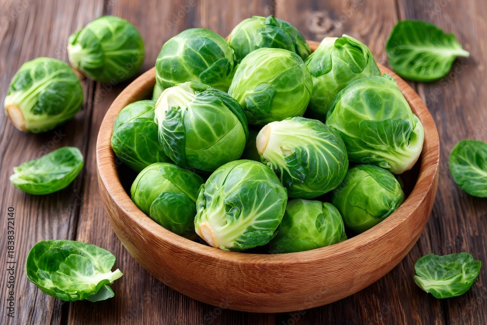 Fototapeta premium Fresh brussels sprouts filling wooden bowl on table