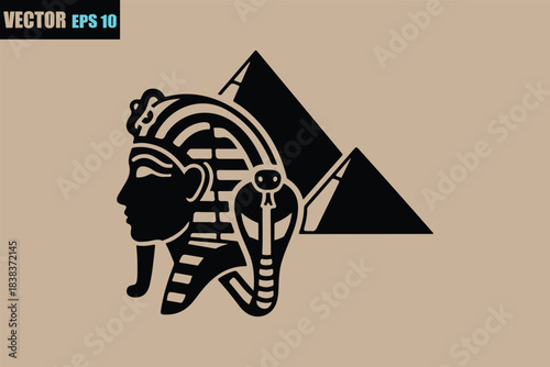 Iconic egyptian pharaoh head silhouette with pyramid and cobra symbol against a neutral background