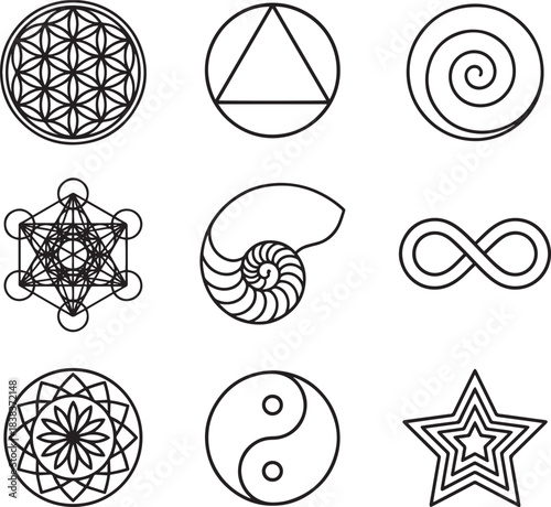 Sacred geometry and spiritual symbols line art vector icons: flower of life, triangle, spiral, metatron cube, nautilus shell, infinity, mandala, yin yang, star