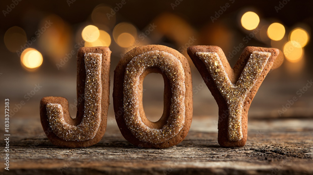 © Marry93 - Gingerbread cookie letters spelling 'JOY' on rustic wood, warm light and open side copy space
