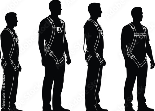 Construction workers wearing safety harness equipment silhouette, industrial fall protection gear illustration for workplace safety, engineering, building, secure working environment