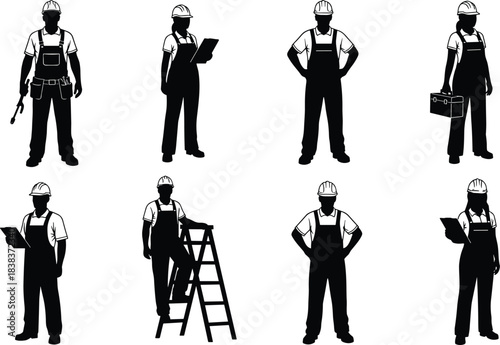 Construction workers wearing safety helmets and overalls, industrial labor staff silhouettes holding tools and equipment for building, engineering and maintenance tasks