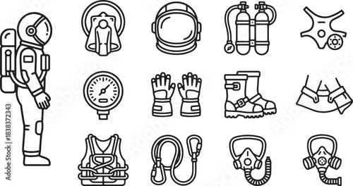 Space and astronaut line icons set cosmos suit helmet equipment oxygen tanks deep sea diver tools