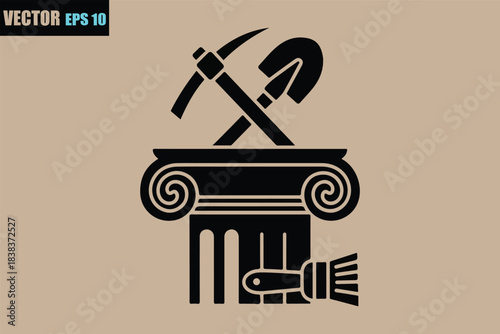 Symbolic representation of labor and industry featuring crossed tools of construction and agriculture on a classical pedestal