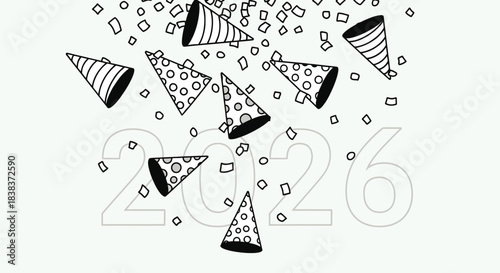Colorful party hats and confetti falling above the year 2026 on a white background