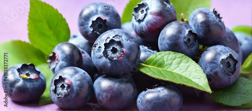 Fresh raw blue berries blueberry with green leaves. Healthy super food. Generative AI