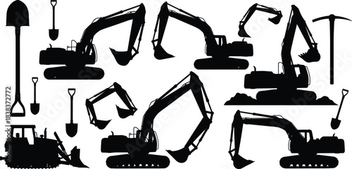 Excavator silhouettes, construction vehicles, heavy machinery, industrial equipment, shovel and pickaxe tools, building work machines, earthmoving tractor icons for engineering.