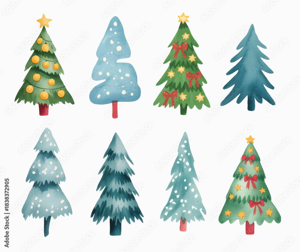 Obraz premium Christmas tree collection glowing with festive winter charm. Watercolor set of cartoon Christmas trees.