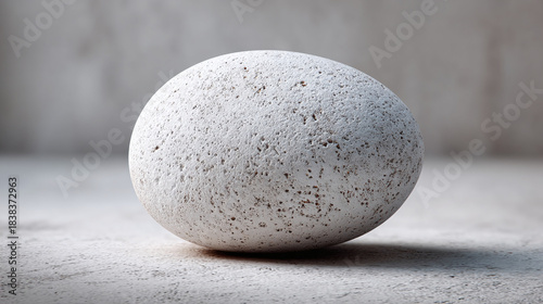 A close-up shot of a smooth, grey stone resting on a textured surface. The stone is a perfect oval shape and has tiny speckles