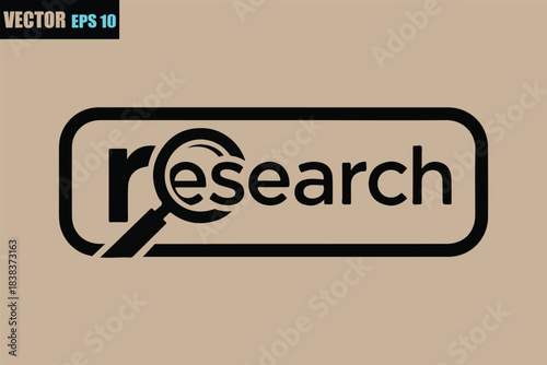 Magnifying glass creatively integrated into the letter r of the word research within a rounded rectangular frame