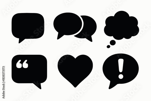 Silhouette speech and thought bubbles with heart and exclamation mark icons
