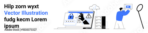 Lock icon on a laptop screen, hand reaching with warning sign, cloud server, and man inspecting a screen. Ideal for security, data, online privacy, tech, risk management digital alert simple
