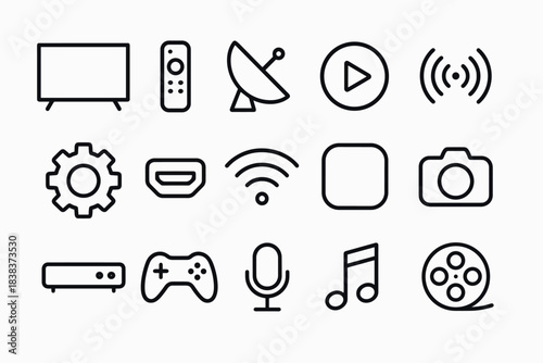 Minimalist media and technology icons set in linear style