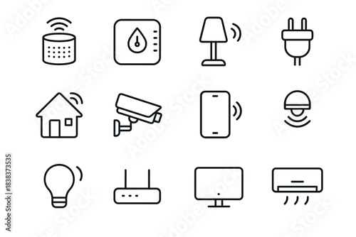 Smart home linear icons featuring technology and automation symbols